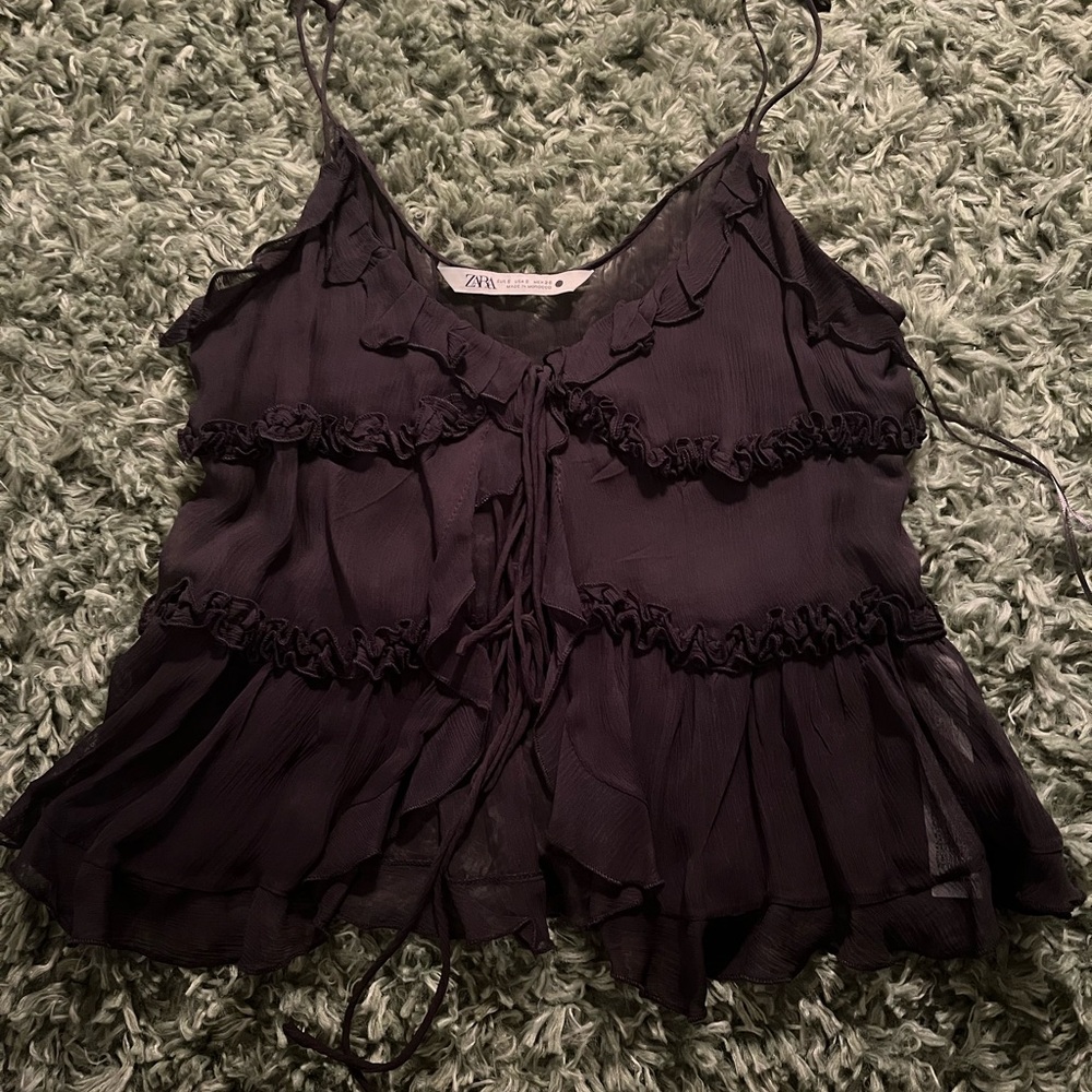Zara Black Sheer Ruffled Women's Top